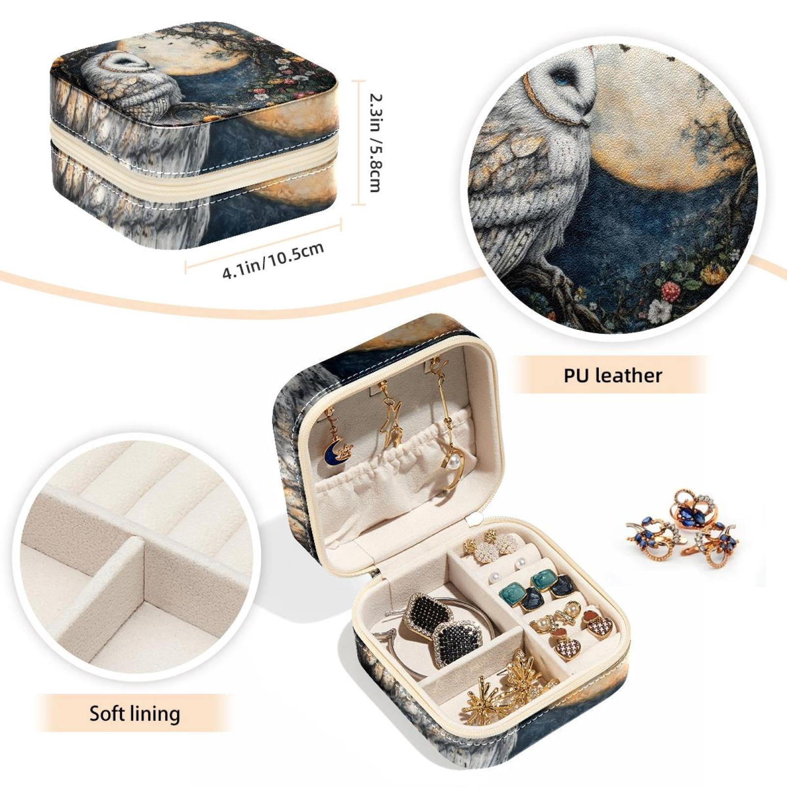 PhooArto Small Jewellery Box, Owl Flowers and Moon Portable Travel Mini Jewelry Case for Women Leather Ring Organizer
