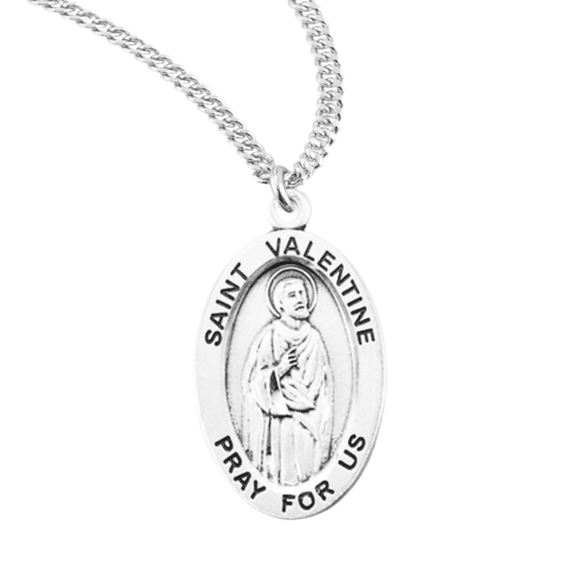 Sterling Silver Patron Saint St.Valentine Medal Pendant Necklace in 20 inch Rhodium Plated Stainless Steel Chain, Deluxe Velvet Gift Box - Made in USA