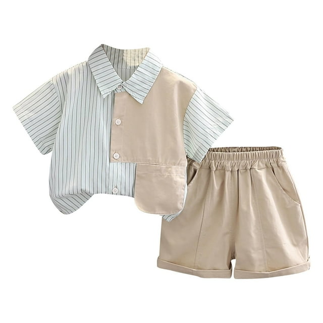 Odeerbi 0-6 Años Niños Niñas Trajes de Verano Camisa de Manga Corta de Algodón A Rayas Conjunto Pantalón Corto Camisa Abotonable Cintura Elástica Traje Corto