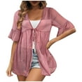 thumbnail image 4 of Youyipin Womens Tops Womens Tie Front Lace Tops Summer Sheer Ruffle Elbow Sleeve Cardigan Shirts Flowy Beach Vacation Cover Up Blouses Spring Tops For Women, 4 of 5
