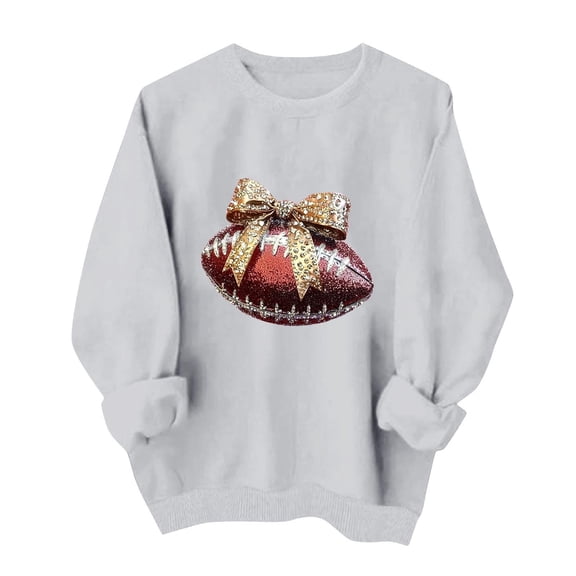 Gamivast Pullover Sweatshirts for Women Glitter Football with Bow Detail Graphic Print Crew Neck Long Sleeve Pullover Tops Trendy Casual Wear