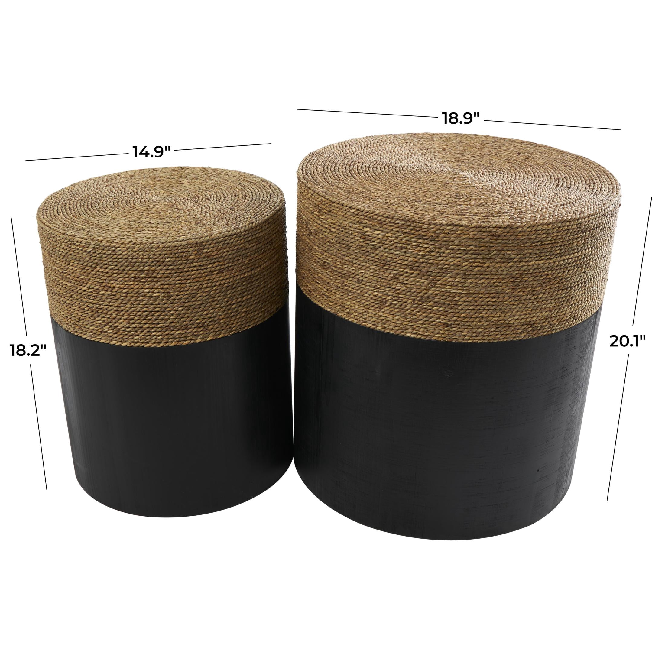DecMode 19" x 20" Black Wood Handmade Accent Table with Brown Wrapped Seagrass Tabletops, 2-Pieces