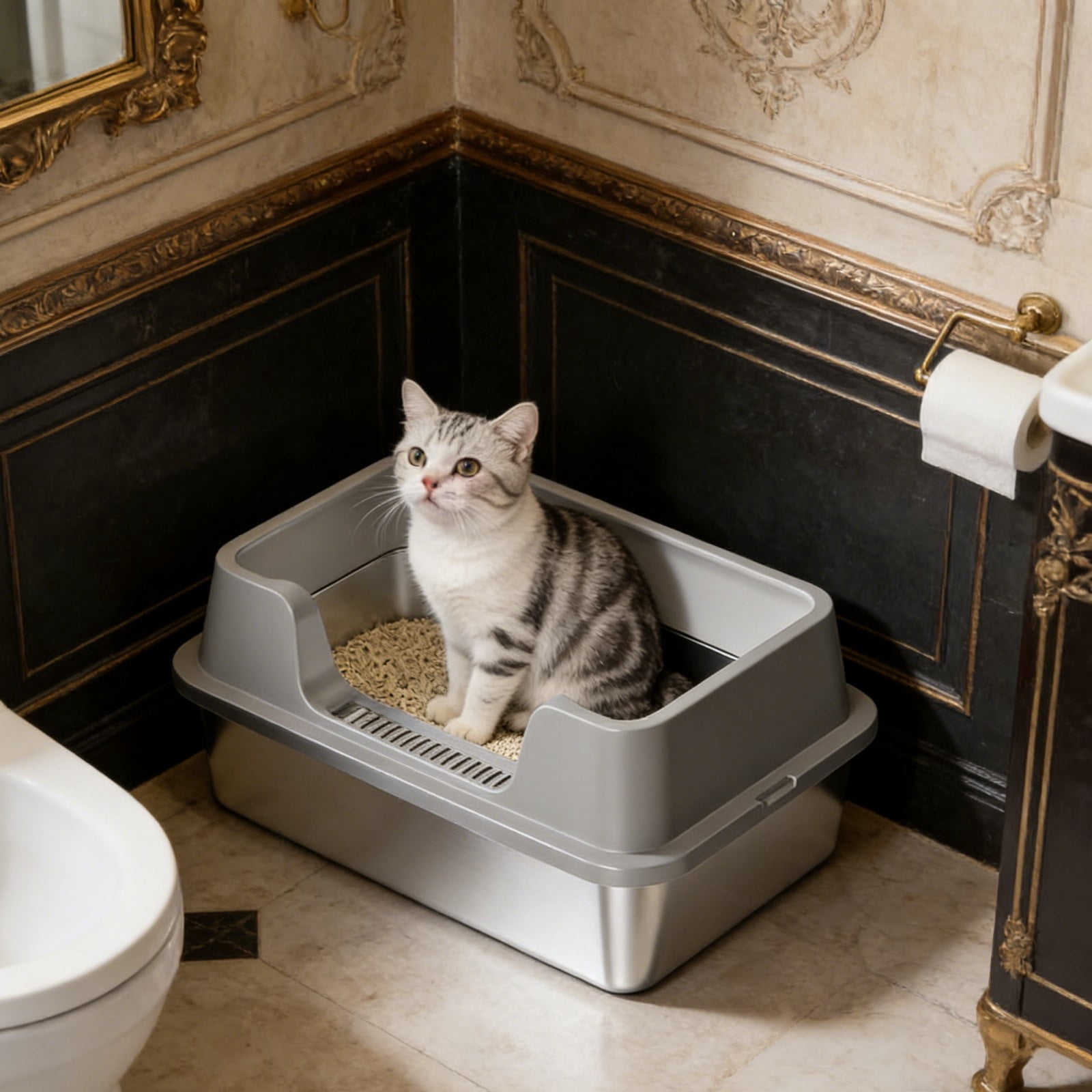 Stainless Steel Cat Litter Box, XL Semi-Enclosed High Sides Litter Pan, Anti-Splash Odor Control, Non-Stick Leakproof with Scoop, 20"x 13" (Gray)