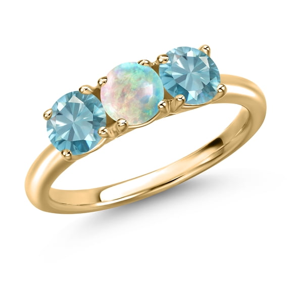 Gem Stone King 10K Yellow Gold Simulated White Opal and Blue Zircon Engagement Ring for Women | 2.20 Cttw | Round Cabochon 5MM | Gemstone October Birthstone | Size 9