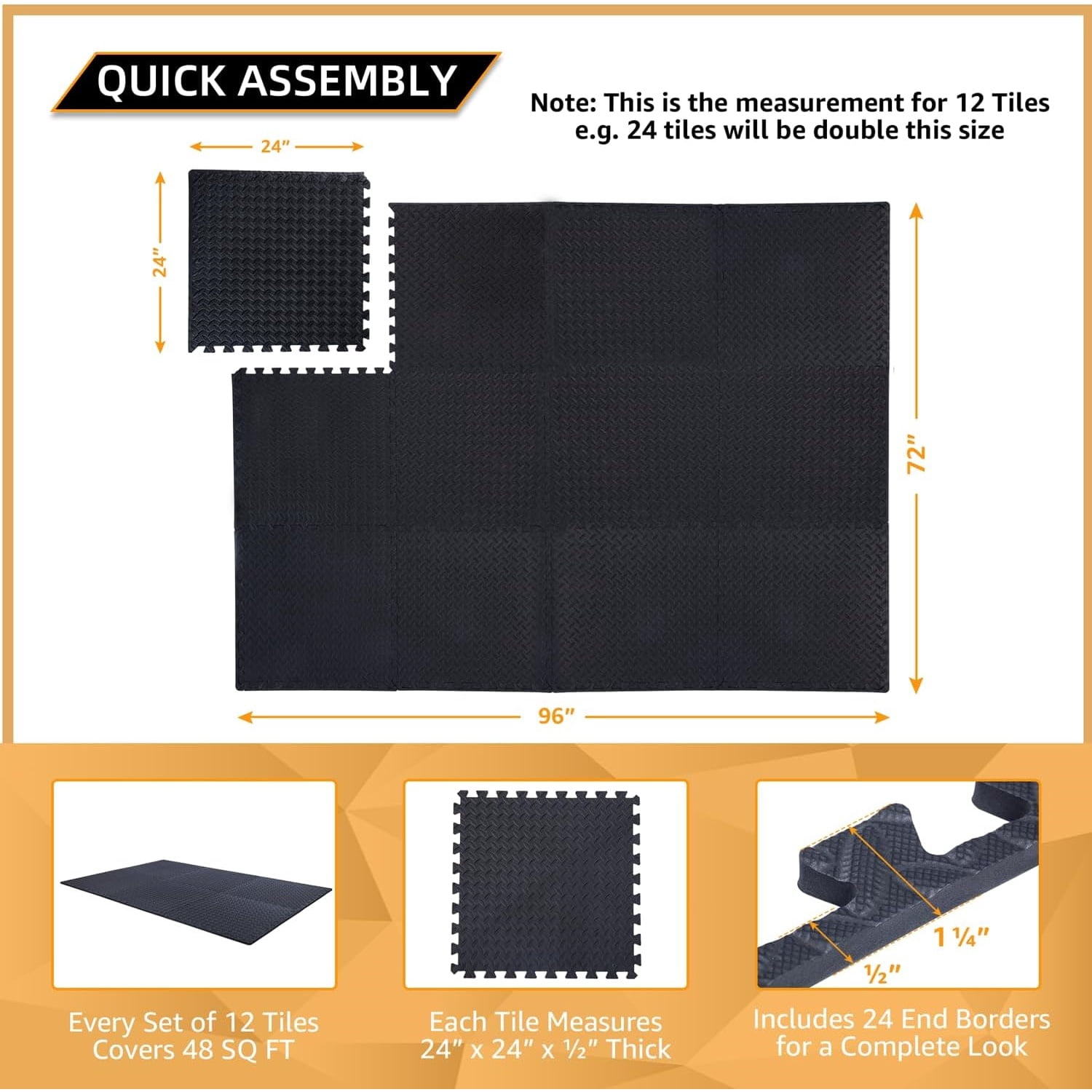 24 Pack, 96 SQFT - 24" x 24" - 1/2" Extra Thick Floor Exercise Mat for Home Gym or Floor Padding - High-Density EVA Interlocking Foam Floor Tiles for Gym Equipment, Play Area | Yoga, Cardio, Weights