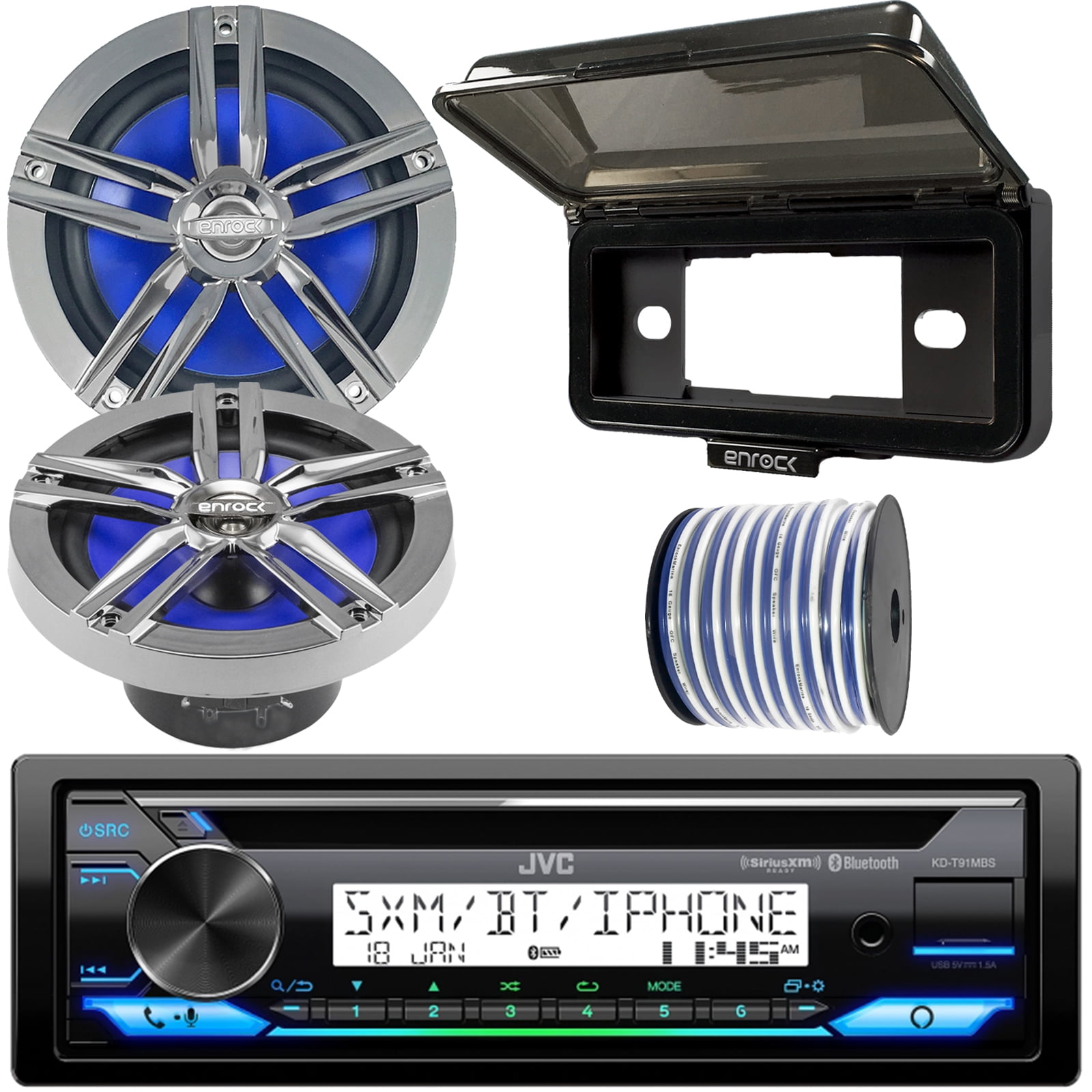 JVC KDT91MBS InDash Marine Boat Bluetooth Radio USB CD Receiver Bundle Combo With Pair of