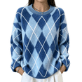 thumbnail image 2 of Women Argyle Sweater Oversized Knit Pullover Crewneck Colorblock Long Sleeve Cozy Fall Winter Tops, 2 of 4