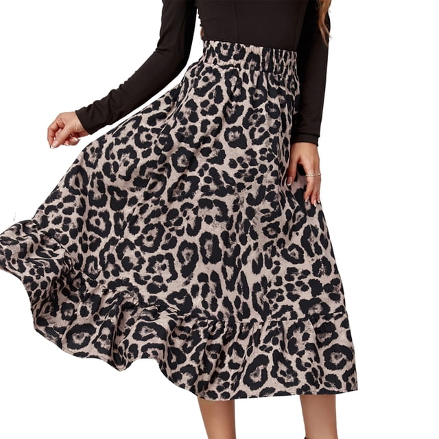 Falda midi de línea A Diseño de volantes con estampado de leopardo Falda midi de cintura alta elástica informal elegante para mujer Gris M