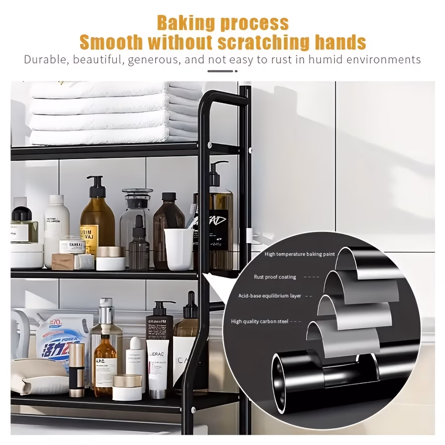 3-Tier Metal Over-the-Toilet Storage Rack, Space-Saving Bathroom Organizer with Frame, No Drilling Required, Minimalist Vertical Shelf for Small Spaces