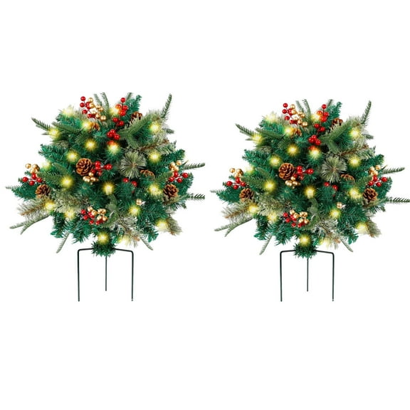 Pre-lit Artificial Christmas Urn Filler | Flocked with Mixed Decorations and Pre-Strung White Warm LED Lights with Tripod Stake | Outdoor Light Up Holiday Home Decor,2 Pack