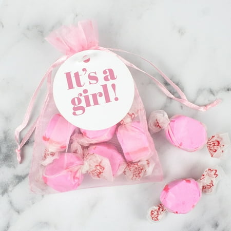 12ct It's a Pink Candy Baby Shower Party Favors Pink Cherry Taffy in Organza Bags, Birth Announcement (12 bags) - No Assembly Required