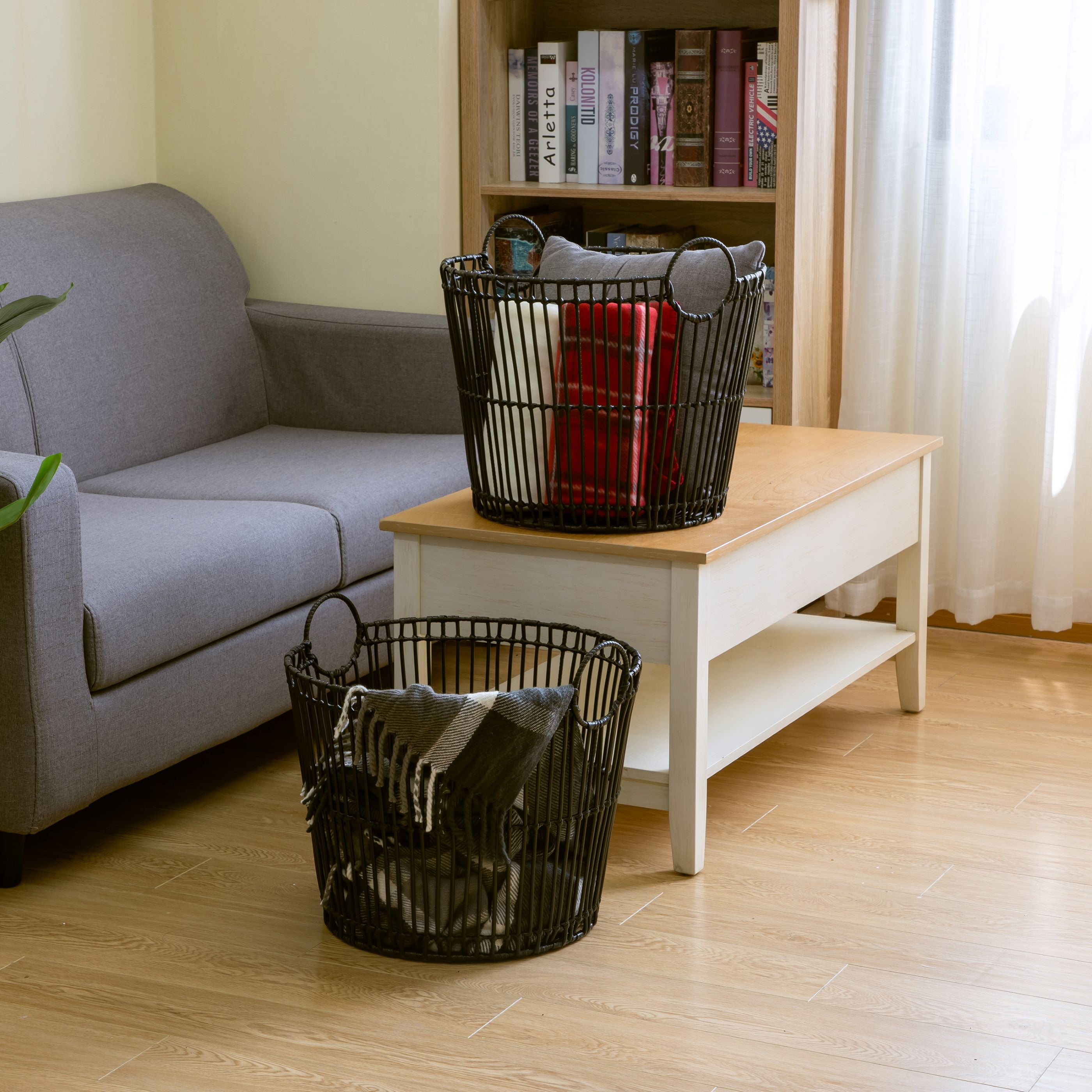 Better Homes & Gardens Large Black Poly Rattan Storage Baskets with Handles, Set of 2