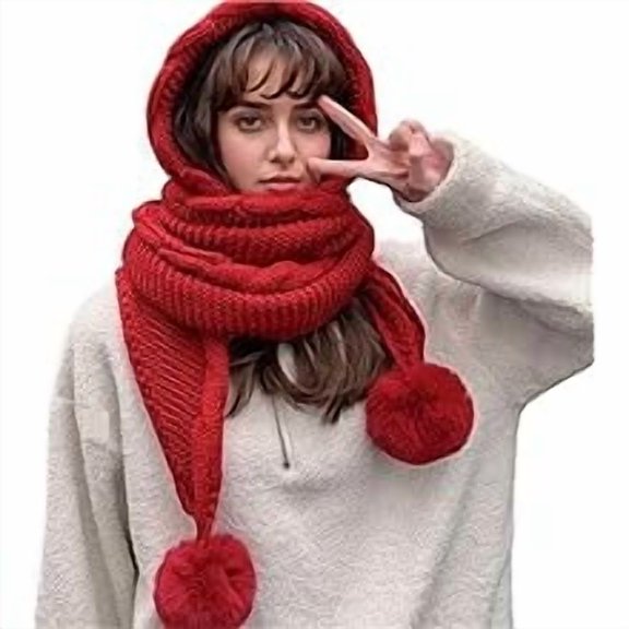 Hood Hat Scarf 2 in 1 Hooded Scarf for Women Winter Warm Beanie Hat with Faux Fur Pompom Fuzzy Knitted Hat Scarf Set