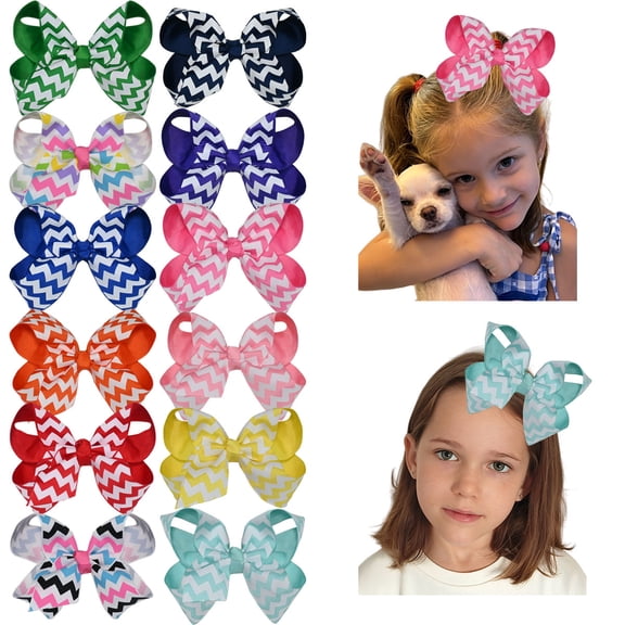 JoyBowie 12 Pack 5 Inch Chevron Hair Bows for Girls, Multicolor Grosgrain Ribbon Bows with Alligator Clips for Toddlers, Kids, Daily Wear and Party Accessories