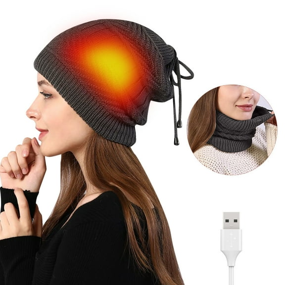 Fesfesfes USB Heated Knitted Hat And Neck Gaiter Set Winter Warm Heat Up Hat Dual Purpose Scarf Heating Circle Loop Scarf For Men And Women