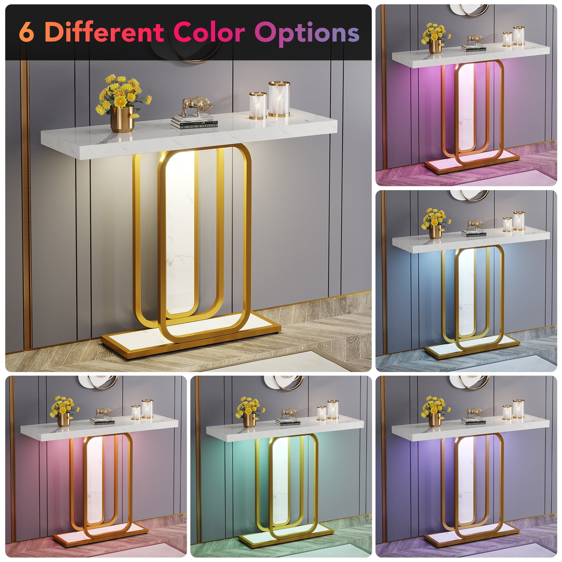 Tribesigns Modern Console Table with LED Lights, 41.3 inch Sofa Entryway Tables with Faux Marble Veneer for Living Room, Hallway and Foyer, White & Gold
