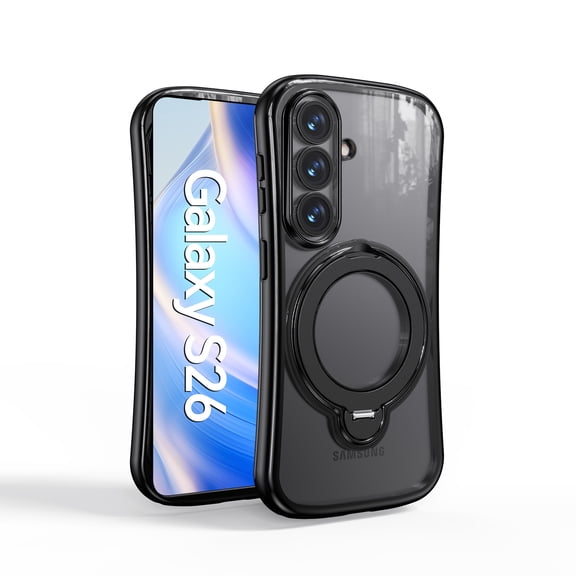 Case for Samsung Galaxy S26 with Lanyard Magnetic Ring Kickstand, Compatible with MagSafe, Plated Frame Clear Back Ultra Slim Shock-Absorbing Anti-Scratch Drop Protection Phone Case - Black