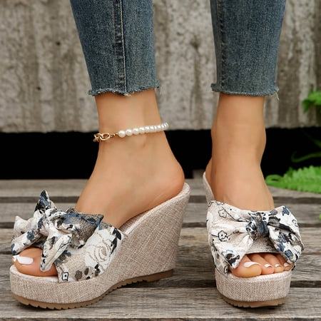 

Aayomet Sandals for Women Casual Summer Women Summer Flowers Prints Bow Tie Slip On Casual Open Toe Wedges Comfortable Beach White 6.5