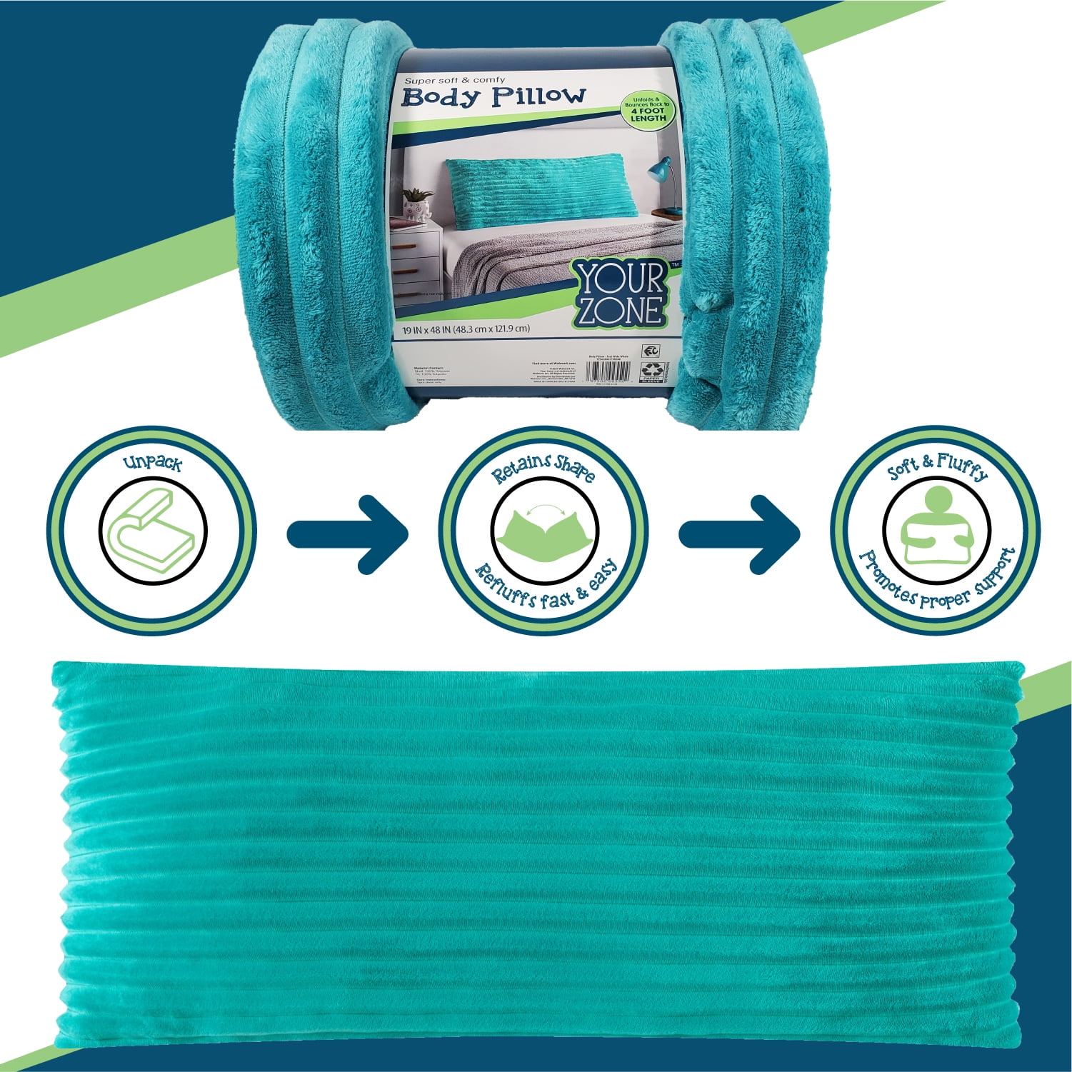 Your Zone Turquoise Cove Extra Wide Wale Plush Body Pillow, 19 in x 48 in