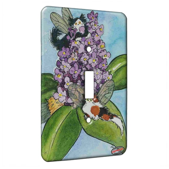 KuzmarK™ Single Gang Toggle Switch Wall Plate - Tiny Kittie Fairies with Lilacs Fantasy Fairy Cat Art by Denise Every