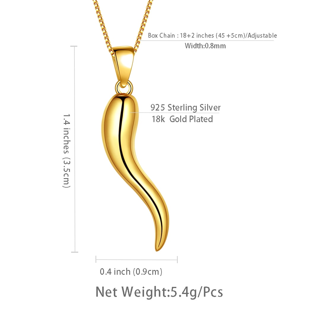Hipunk 925 Sterling Silver 18K Gold Plated Italian Horn Necklace Cornicello Pendant Necklace Lucky Talisman Amulet Jewelry Women Men Gift