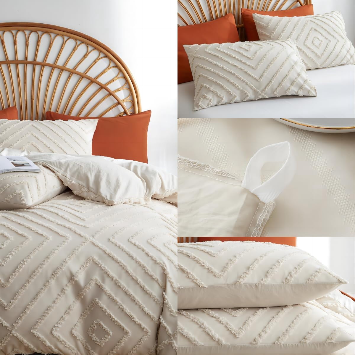 Nayoroom 3 Pieces Jacquard Geometric Pattern Tufted Duvet Cover Soft Lightweight Beige Duvet Cover Set Boho Shabby Chic Bedding Set,Queen size