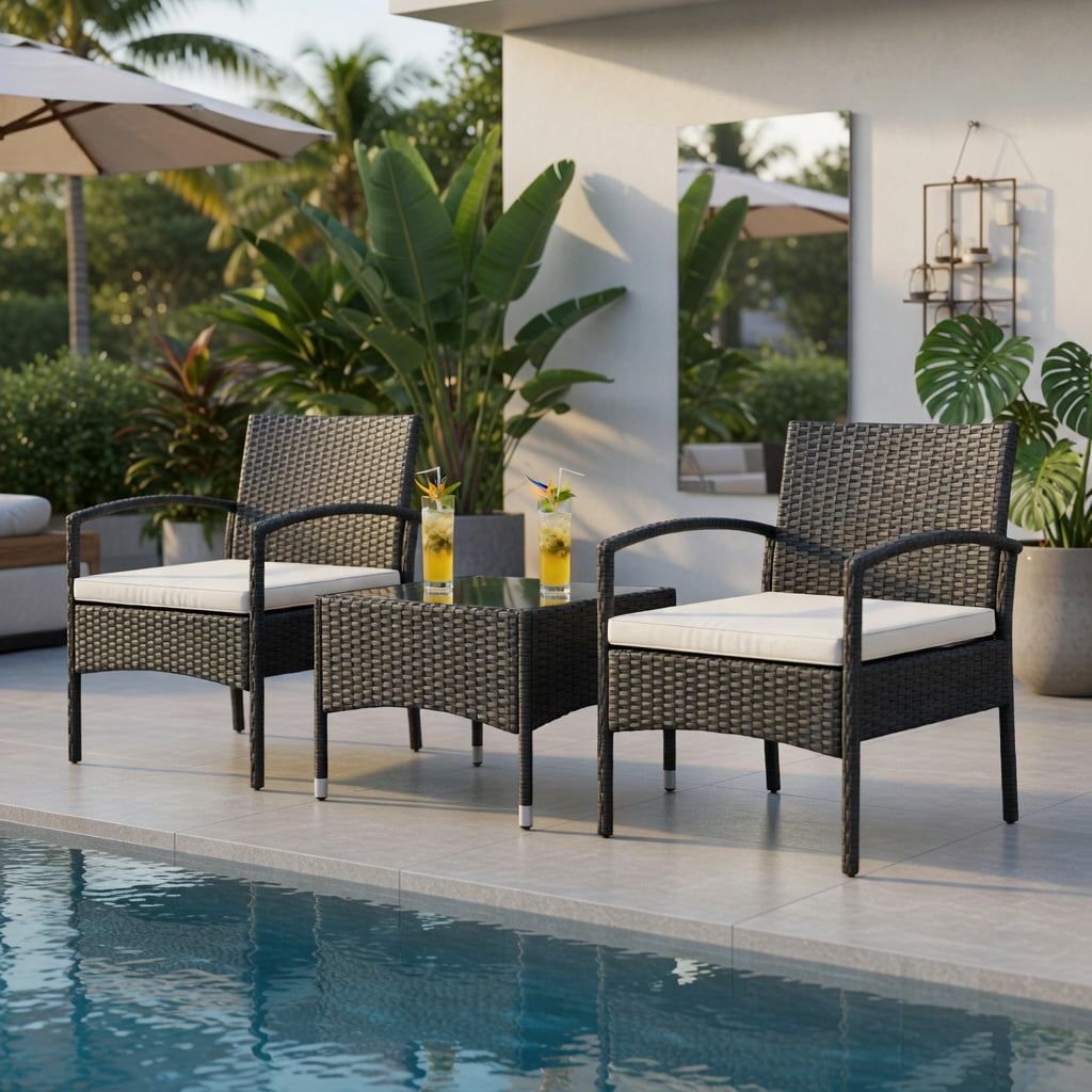 Hommoo 3-Piece Outdoor Wicker Patio Furniture Set, PE Rattan Chairs with Thick Cushions + Tempered Glass Coffee Table, Weather-Resistant for Backyard, Garden & Patio, White