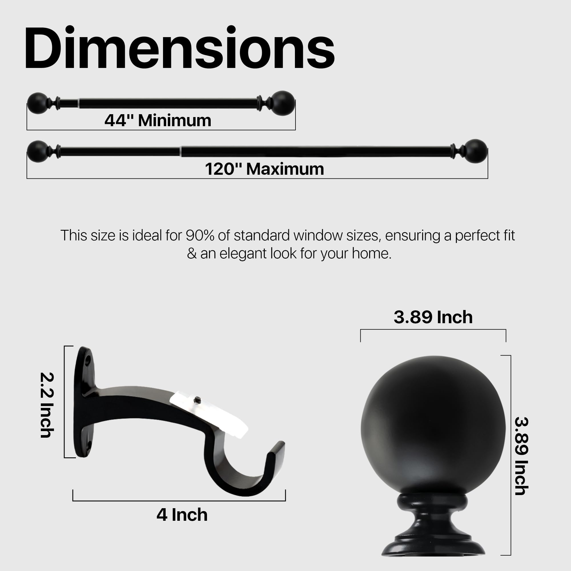 Deco Window Modern 1 Inch Ball Ball Adjustable Single Curtain Rods, 44 Inch - 120 Inch