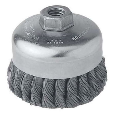 UPC: 0012382124168 | Single Row Heavy-Duty Knot Cup Brush  4 in Dia.  5/8-11 UNC  .023 Stainless