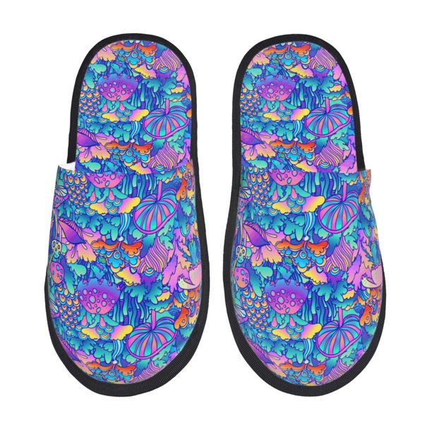Balery Colorful Mushrooms Pantuflas de Casa de Felpa Silenciosas con Diseño Estampado, Zapatillas Cómodas Antideslizantes de Algodón para Interior-Large