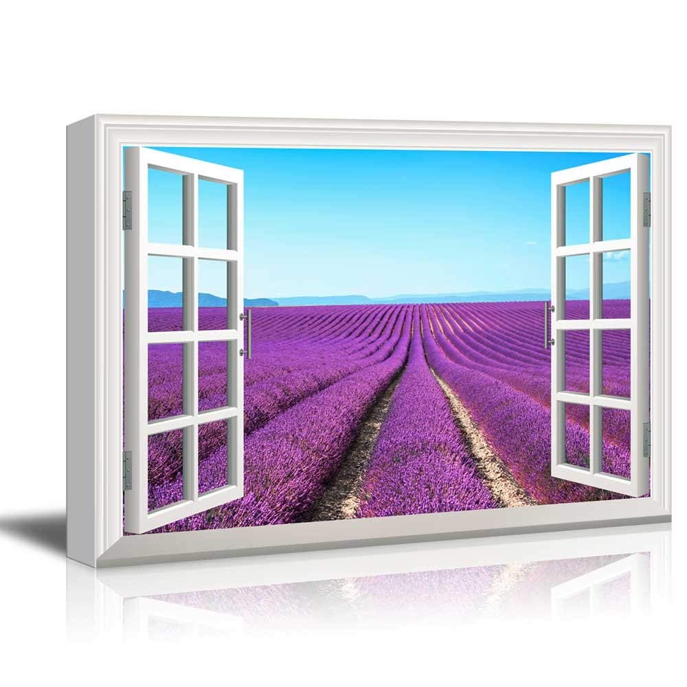 Wall26 Canvas Wall Art Window Peering into Rows of Purple Flowers Giclee Print Gallery Wrap