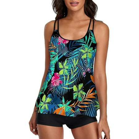 Clearance Sales Womens Halter Tankini Bathing Suit Control Flowy Bathing Tank Swimwear With Boyshorts Two Piece Swimsuit with Bottom Womens Two Piece Swimwear