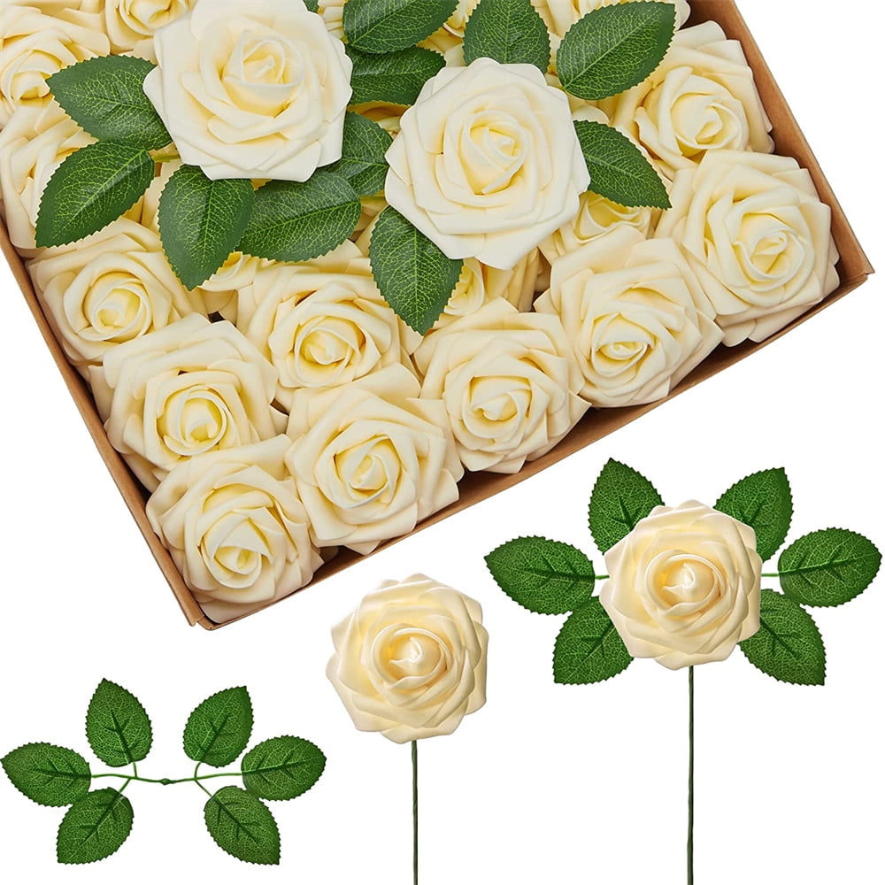 50pcs Artificial Fake Rose Flower Stems For Diy Handmade Bouquet Flower Leaf
