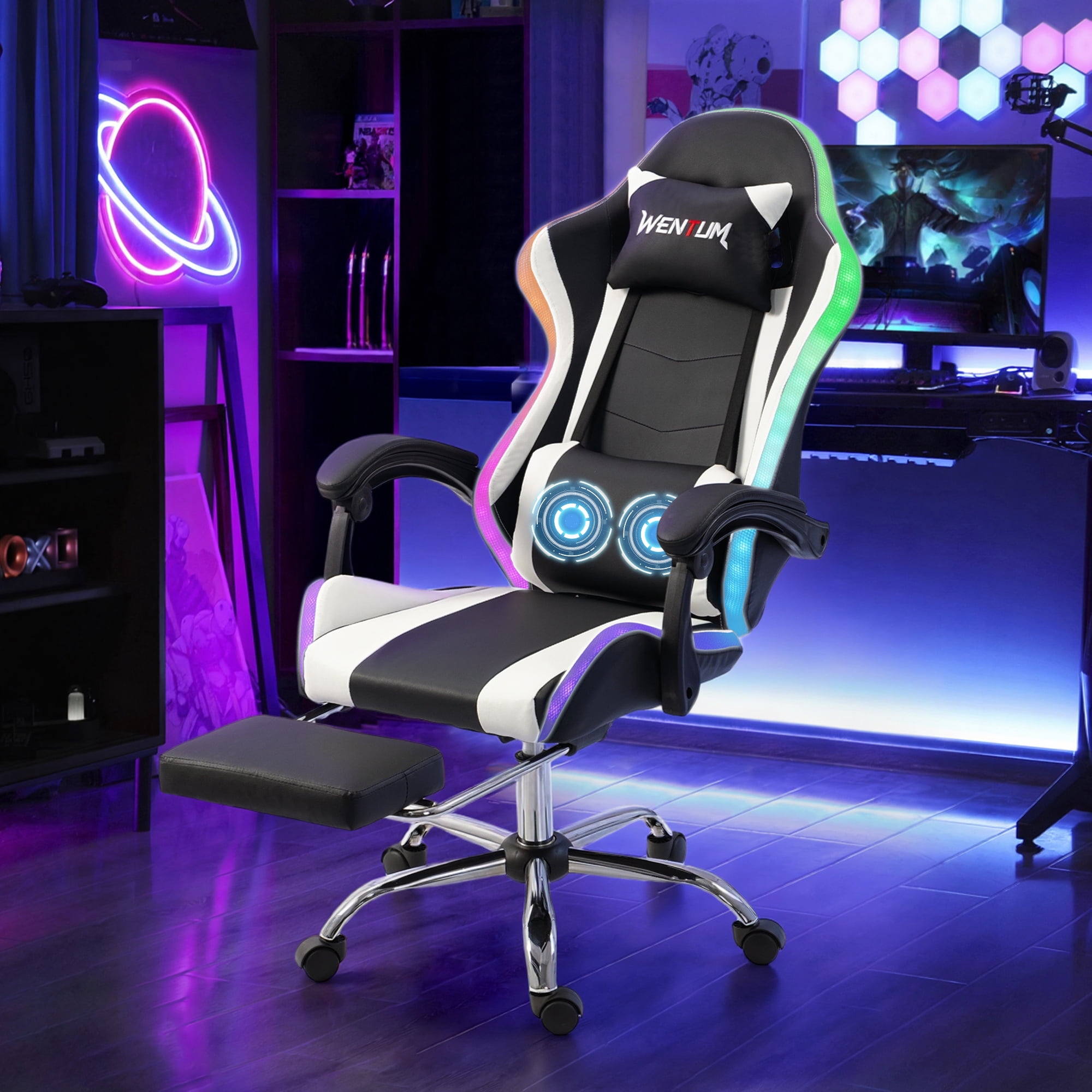 DELMANGO Gaming Chair,Racing Style RGB LED Lights Gaming Chair with Footrest and Massage Lumbar Support ,High Back Reclining Computer Chair for Adults and Kids White/Black