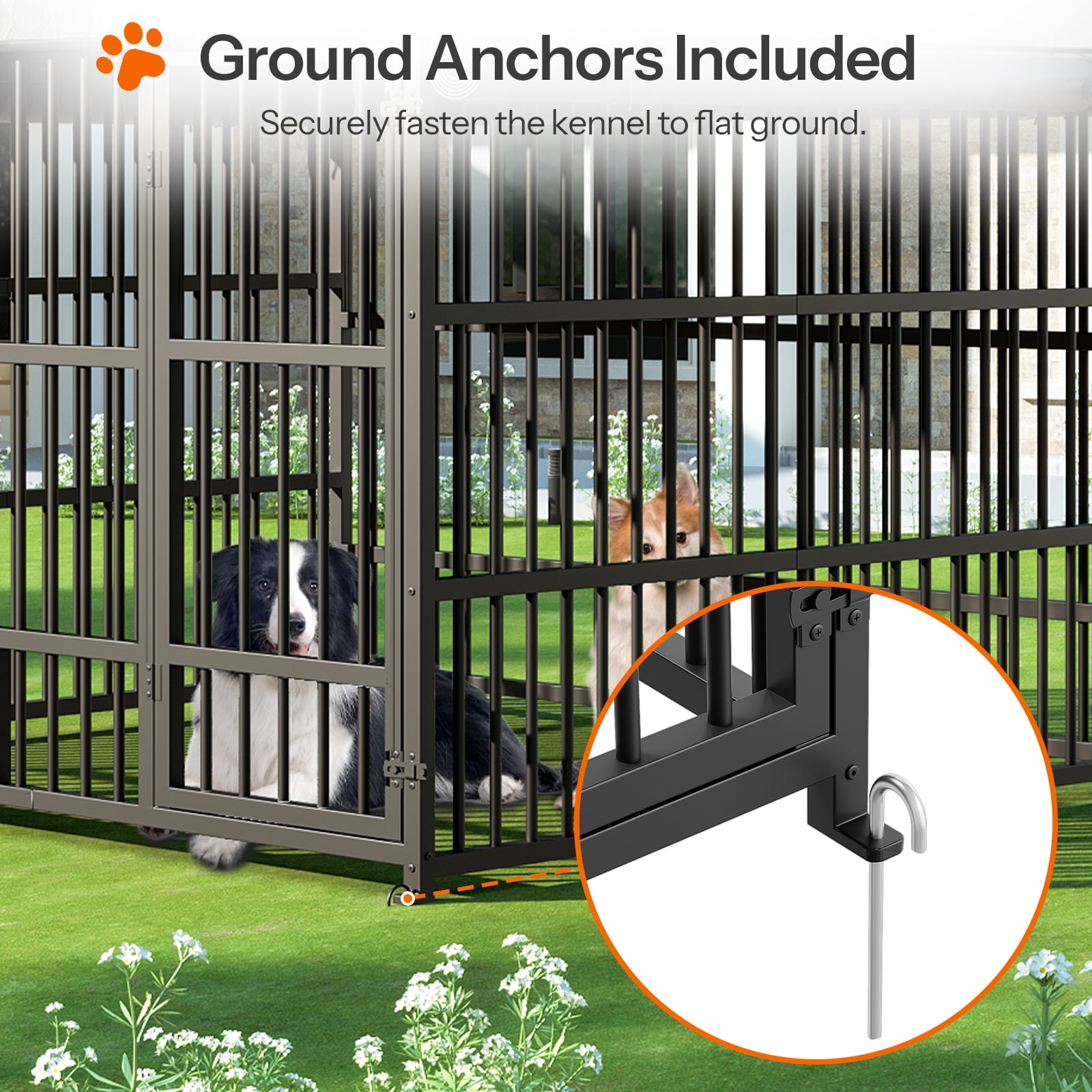 HOOBRO Outdoor Dog Kennel with Cover, 6.6 x 6.6 x 6.4 ft Dog Kennel Outside with Waterproof Roof and Rotating Feeding Bowls, Heavy-Duty Large Cage Enclosure, for Medium & Large Dogs, Black BK220GW03