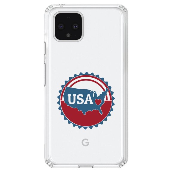 DistinctInk Clear Shockproof Hybrid Case for Google Pixel 4 XL (6.3" Screen) - TPU Bumper Acrylic Back Tempered Glass Screen Protector - USA Heart Seal Red White & Blue
