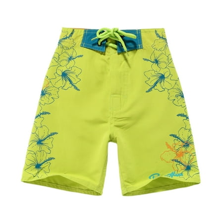 Boy Hawaiian Swimwear Board Shorts with Tie in Lime Green with Blue Floral 6 Year