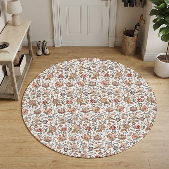 Paisley Botanical Round Area Rug 5Ft Washable Circle Rugs for Living Room Bedroom, Vintage Blossom Foliage Beige Non-Slip Carpet Floor Mats Indoor Outdoor Carpet Runner Aesthetic Home Decor
