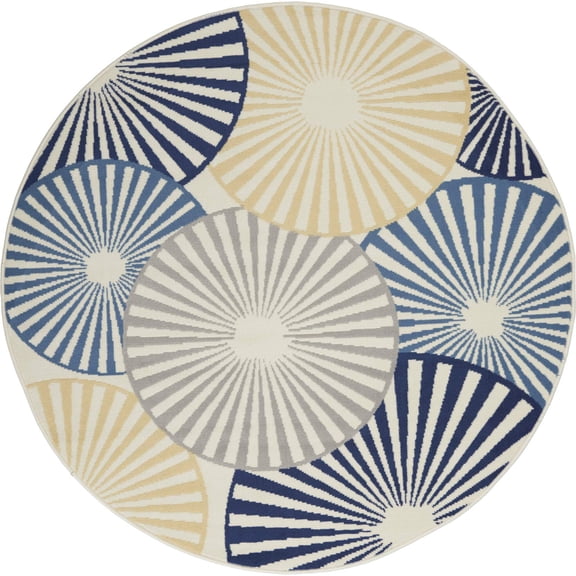 5' Blue and Beige Round Geometric Power Loom Area Rug