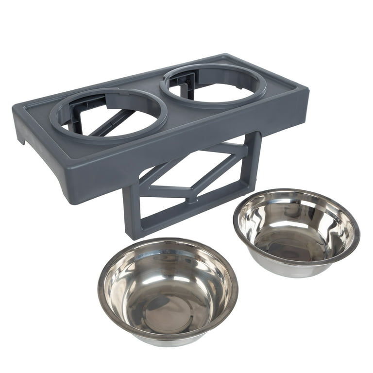 Elevated Dog Bowls Stand - Adjusts to 3 Heights for Small, Medium, and Large Pets - Stainless-Steel Dog Bowls Hold 34oz Each by Petmaker (Black)
