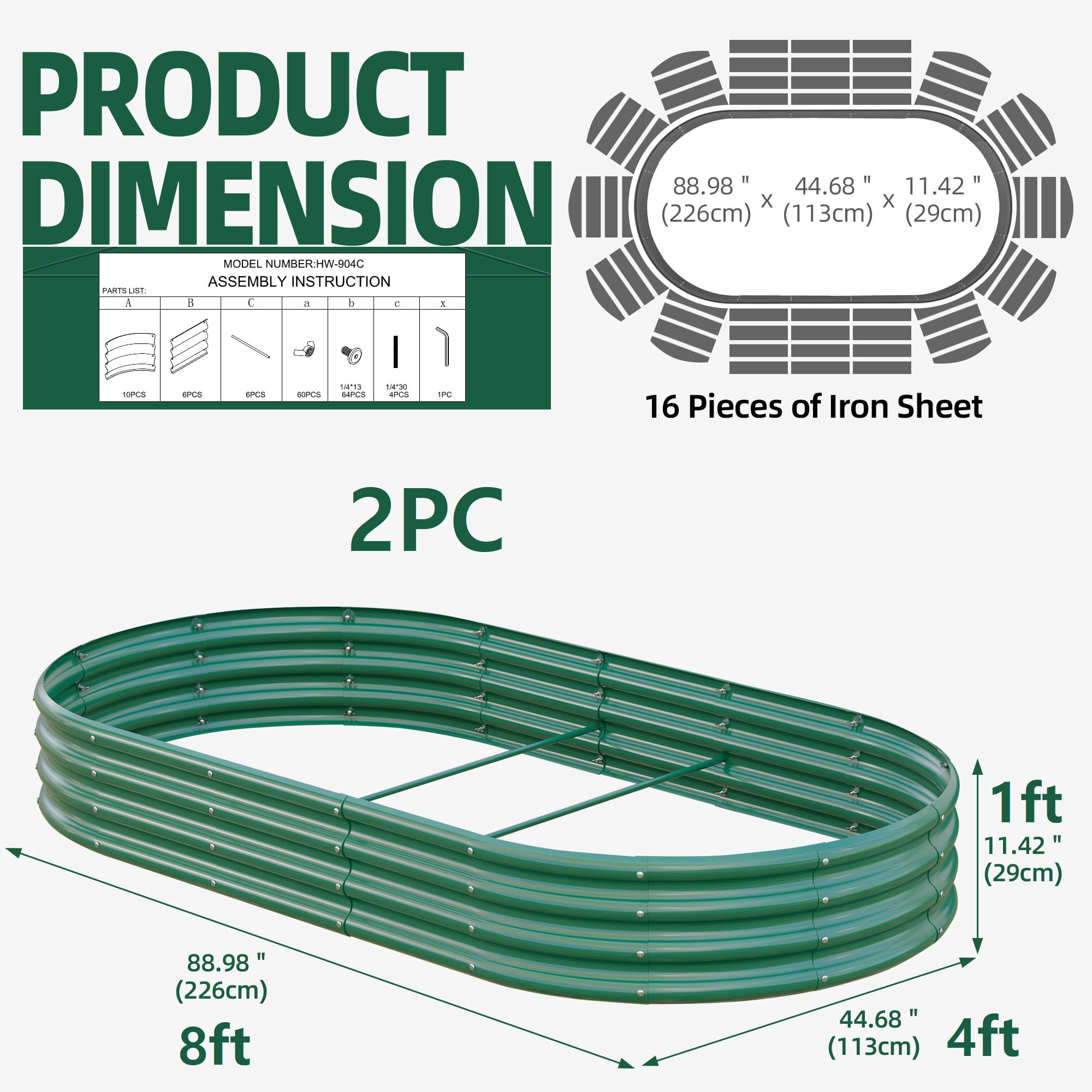 Galvanized Raised Garden Bed 8x4x1ft, Heavy Duty Metal Planter Box for Vegetables, Herbs & Flowers, Rust-Proof Outdoor Garden Bed with Large Capacity, Green, 2PCS