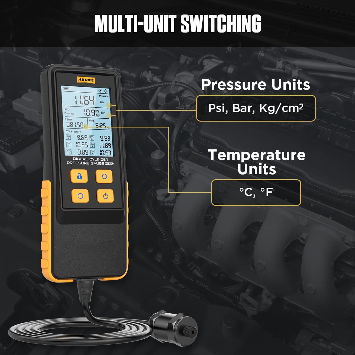 AUTOOL PT610 Digital Cylinder Compression Pressure Tester, 0-426PSI 0~29bar Auto Petrol Engine Gauge Tool Kit with Adapters & Hoses