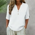 thumbnail image 4 of Cotton Linen Tops for Women 3/4 Sleeve V Neck T-Shirt with Buttons Solid Color Loose Fit Casual Summer Tees (M, White), 4 of 8