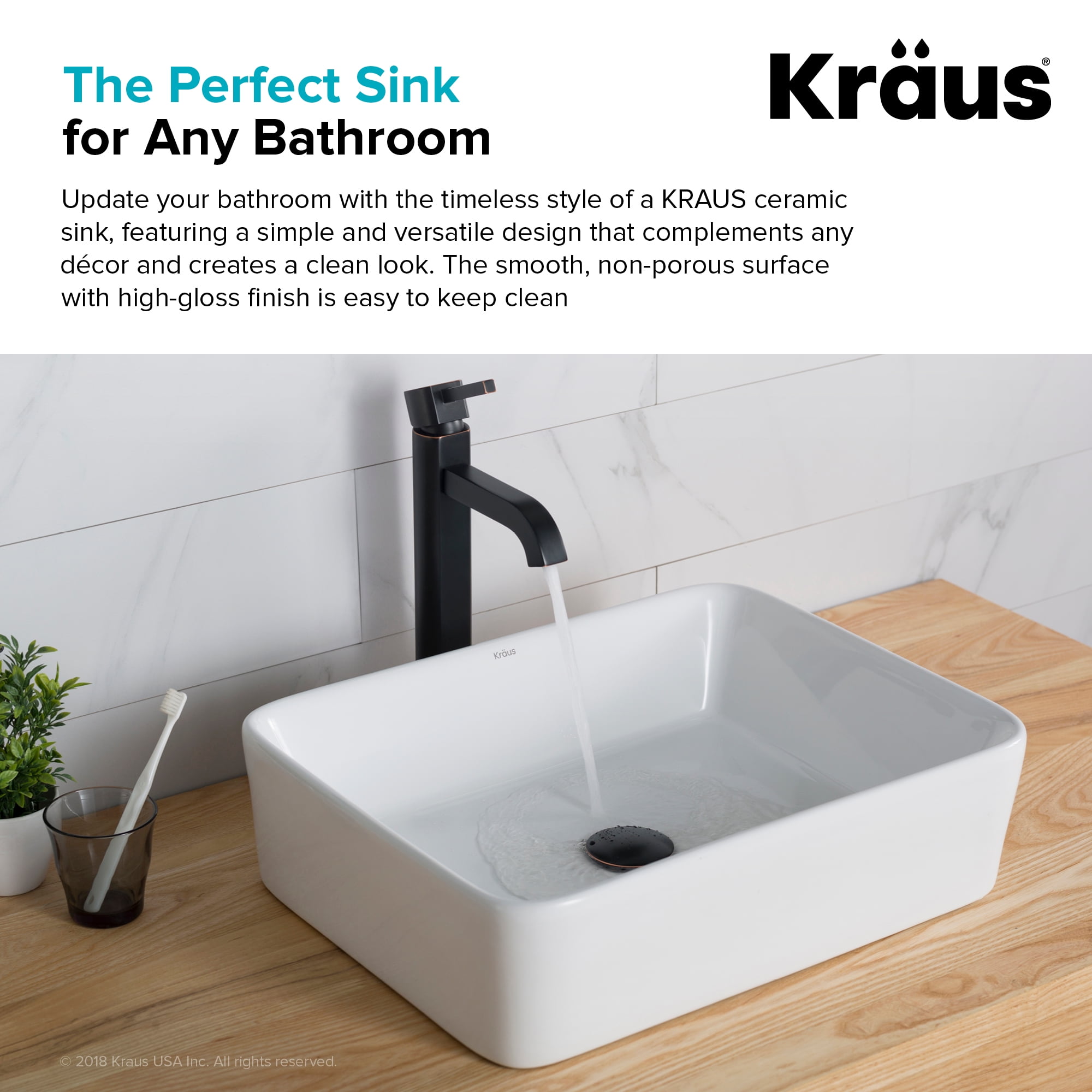 KRAUS Elavo Modern Rectangular Vessel White Porcelain Ceramic Bathroom Sink, 19 inch