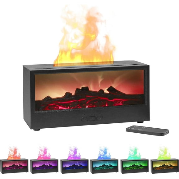 Colorful Flame Fireplace Aroma Diffuser, 7-Color LED Essential Oil Diffuser with Ultrasonic Humidifier, Flame Effect Aromatherapy Diffuser Safe Auto Shut-Off