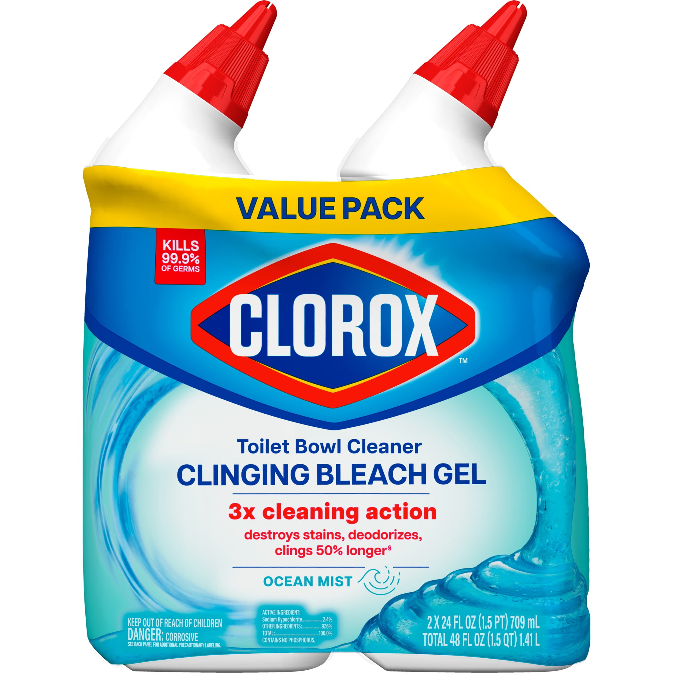 Clorox Toilet Bowl Cleaner Clinging Bleach Gel, Ocean Mist, 24 fl oz, 2 Pack