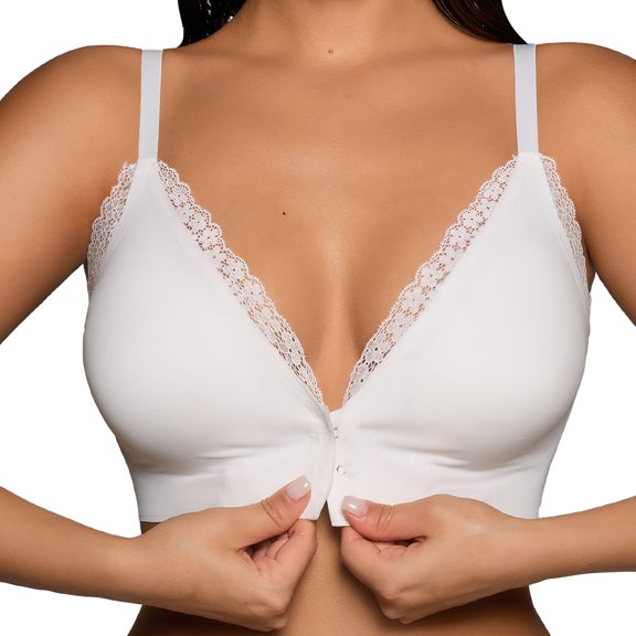 Womens Front Closure Bras Lace Seamless Wireless Removable Padded Bralette Ladies Full Coverage Push Up Adjustable Straps Lingerie White S