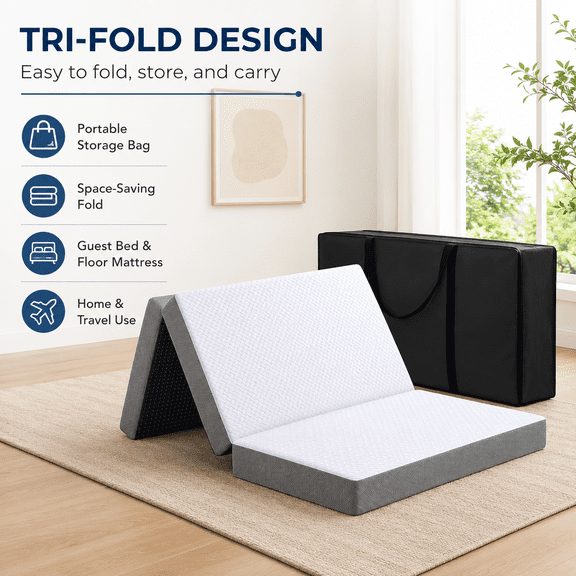 6" Tri Fold Memory Foam Mattress, Foldable Floor Mattress with Washable Cover, Portable Bed for Camping, Guests and Home, Twin Size