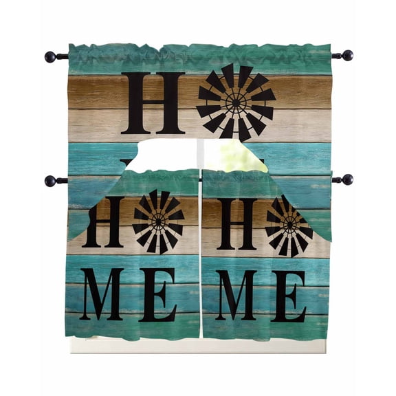 Teal Brown Home Kitchen Curtains Sets 24 Inch Length with Valance, Vintage Wooden Farmhouse Retro Swag Valances and Tiers Curtain Set Drapes Swag Curtains for Living Room, Bathroom, Bedroom, Cafe
