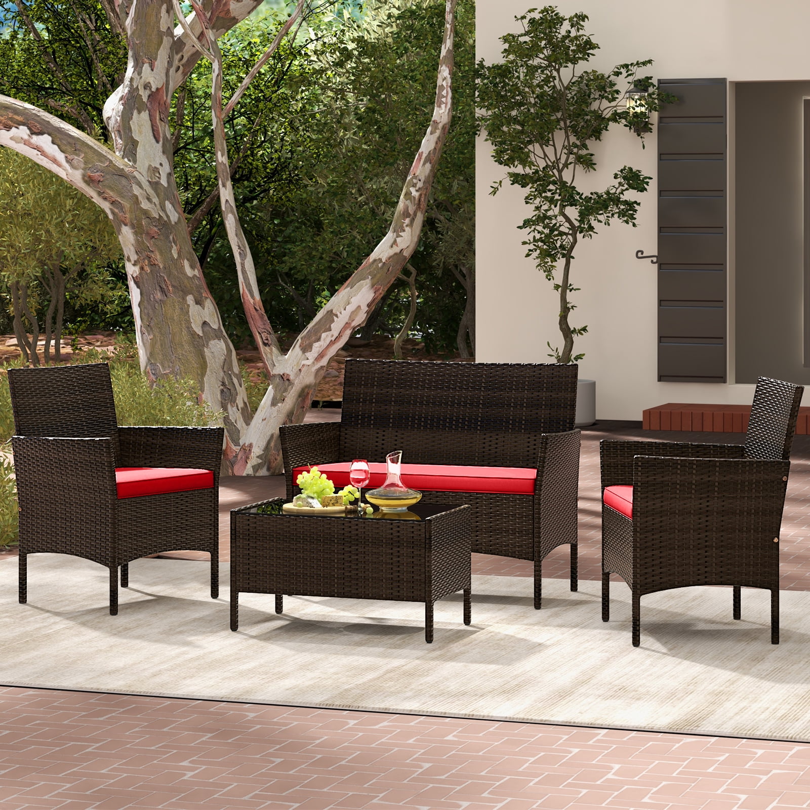 Gymax 4PCS Outdoor Furniture Set Patio Rattan Conversation Set w/ Red Cushion